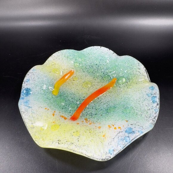 Hand Made Fused Art Glass Dish Plate Ruffled Edges Multicolor Glass Hand Crafted - Picture 14 of 16